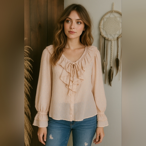 Story On Tops - NWT Romantic Ruffled V-neck Rose Gold Polka Dot Blouse